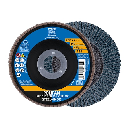 Pferd 4-1/2" x 7/8" A.H. POLIFAN Flap Disc - Z PSF STEELOX, Zirconia, 60 Grit, Conical 62053